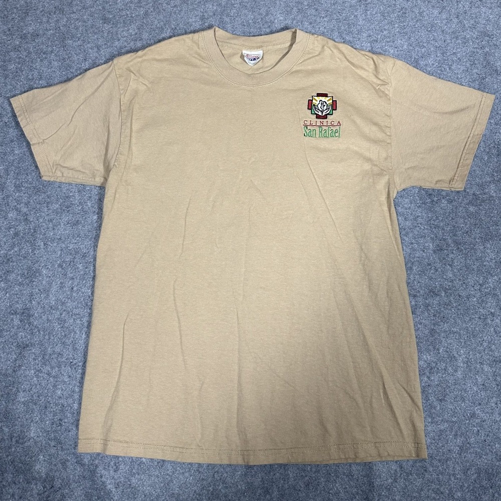 Hanes Beefy-T‎ Clinica San Rafael T-Shirt Large Tan Embroidered Cotton